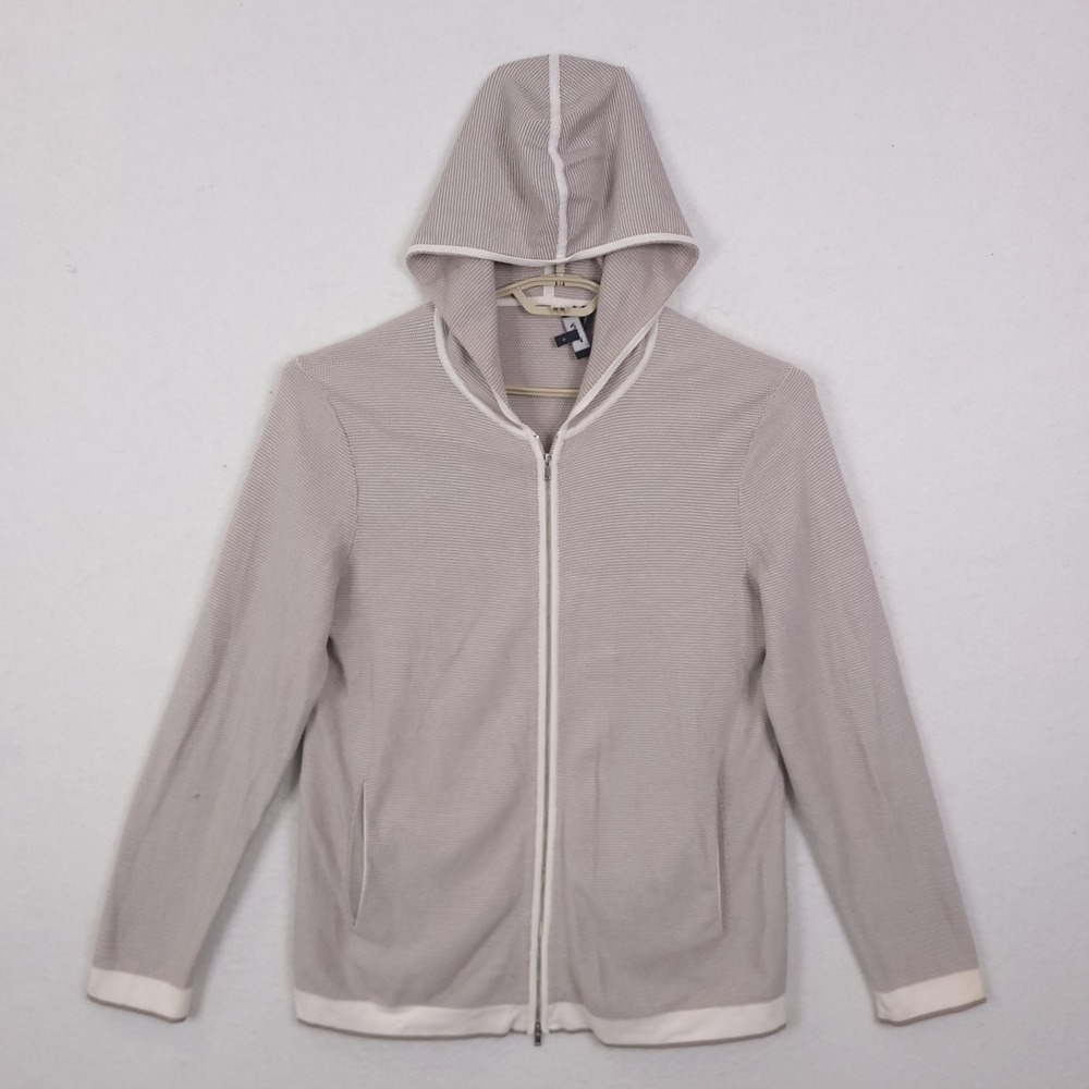 Theory Full Zip Hoodie Mens L Beige Textured Knit Lightweight Soft